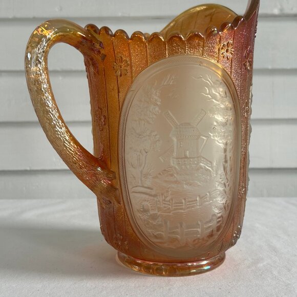 Vintage Marigold Carnival Glass Windmill Scene Pitcher Iridescent Orange - Picture 2 of 10